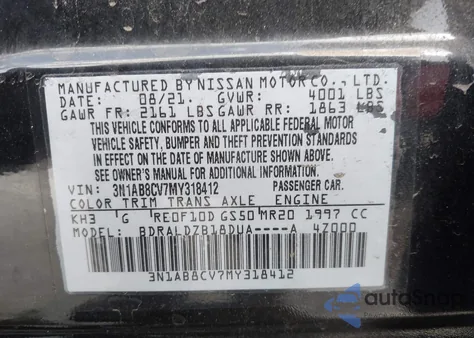 2021 Nissan Sentra Sv Xtronic Cvt z USA, uszkodzony, nr VIN 3N1AB8CV7MY318412